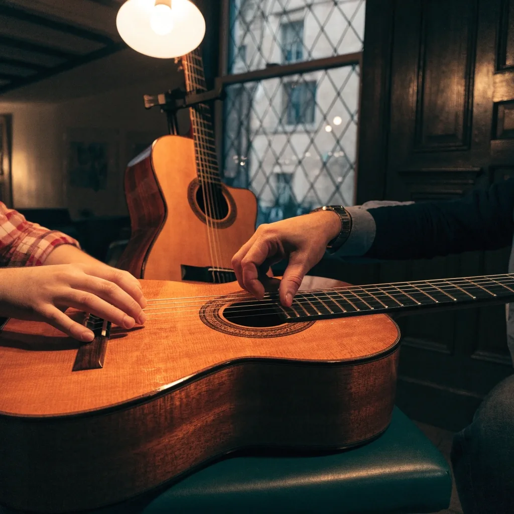 Hands placing a repertoire sheet on a stand beside an electric guitar in a warm studio