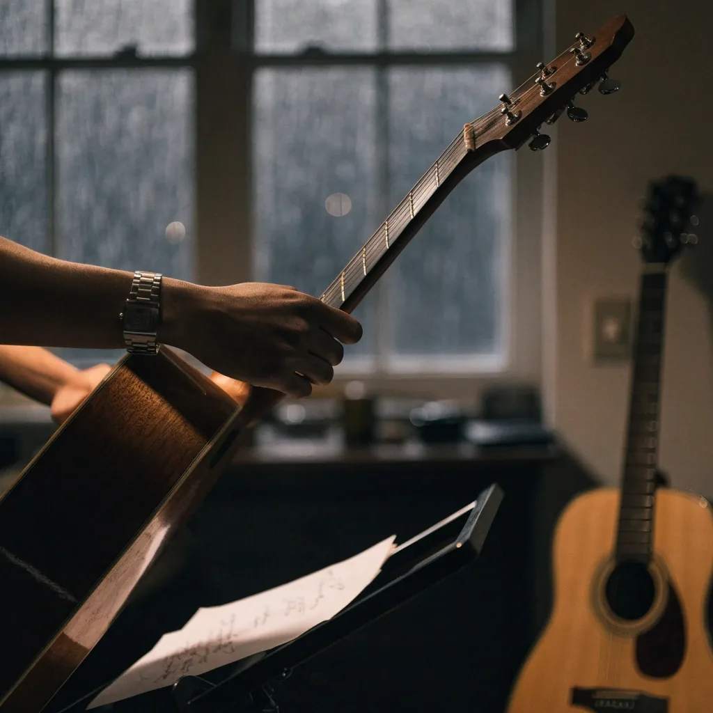 Guitar neck resting on a dark cloth in the tuition studio, rain on the window behind