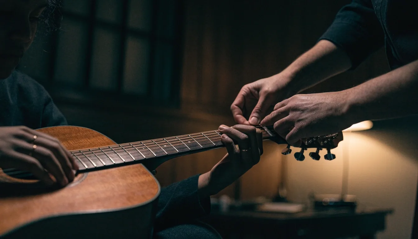 A tutor at a lamplit practice desk in a London tuition room, an acoustic guitar resting beside an open lesson notebook