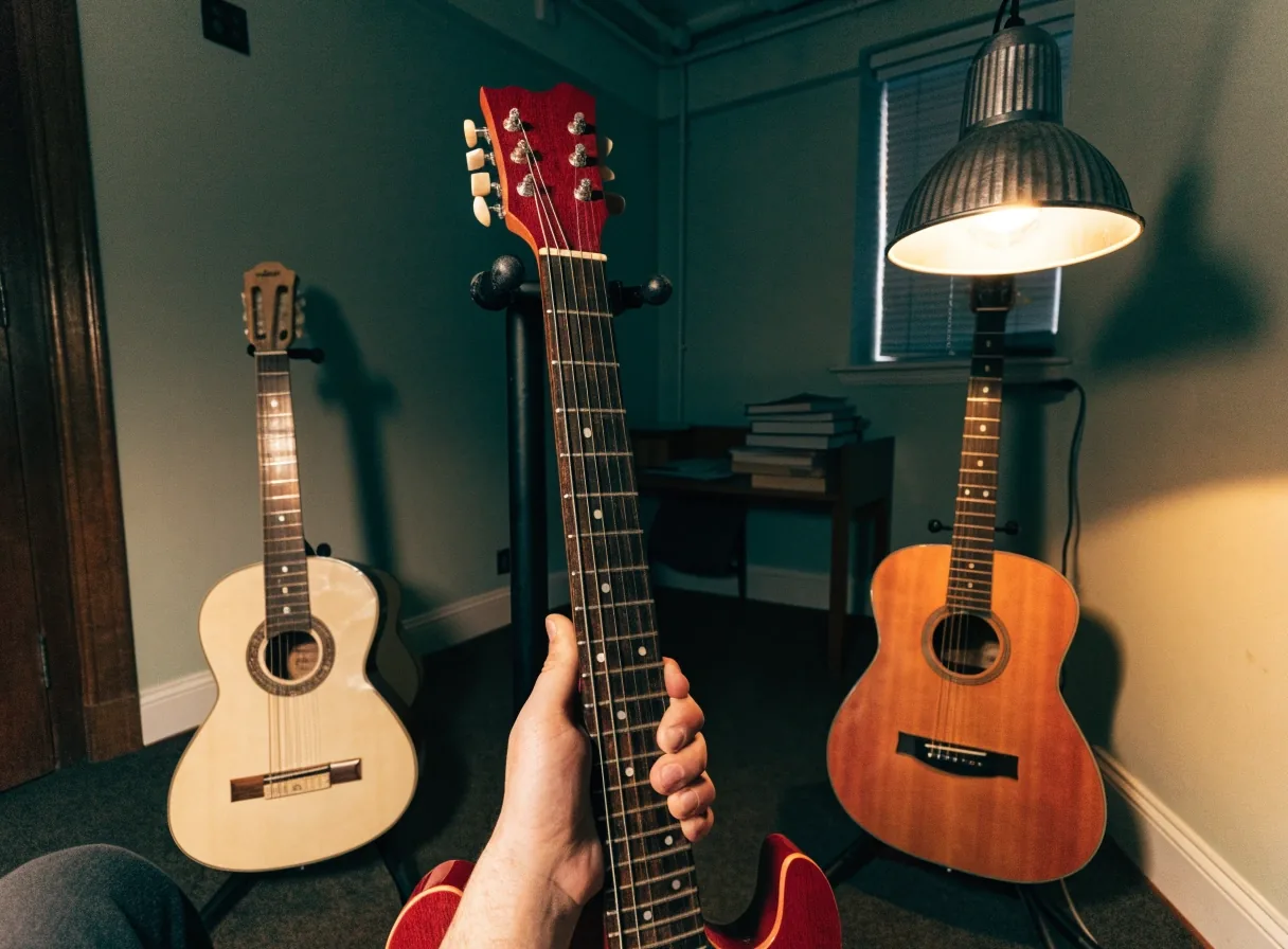 An acoustic, an electric and a classical nylon-string guitar together in a lamplit London practice room