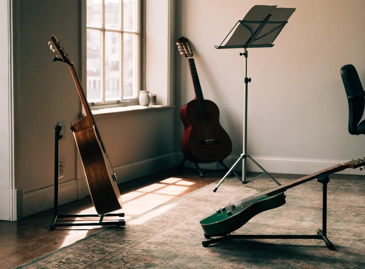 Classical guitar laid flat with light falling across the soundhole