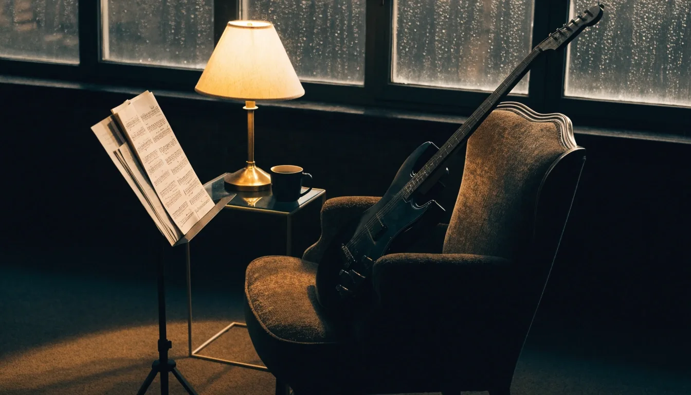 Empty guitar tuition room at night with a guitar on a stand and rain on the window