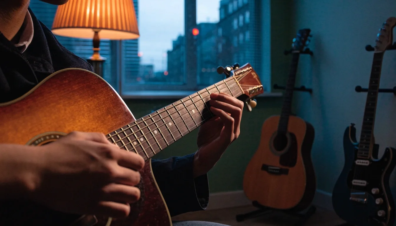 Two hands holding a chord on an acoustic guitar fretboard under lamp light
