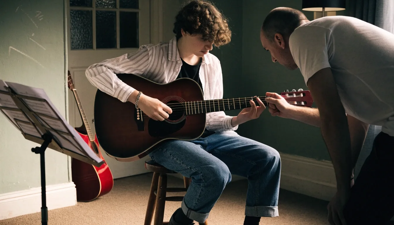 A tutor guiding a student's hand onto the fretboard of an acoustic guitar in a small lamplit tuition room