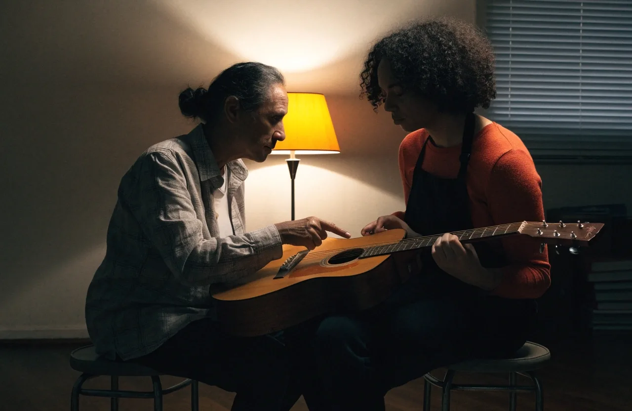 A guitar teacher and an adult learner sitting side by side working on chords in a small London studio