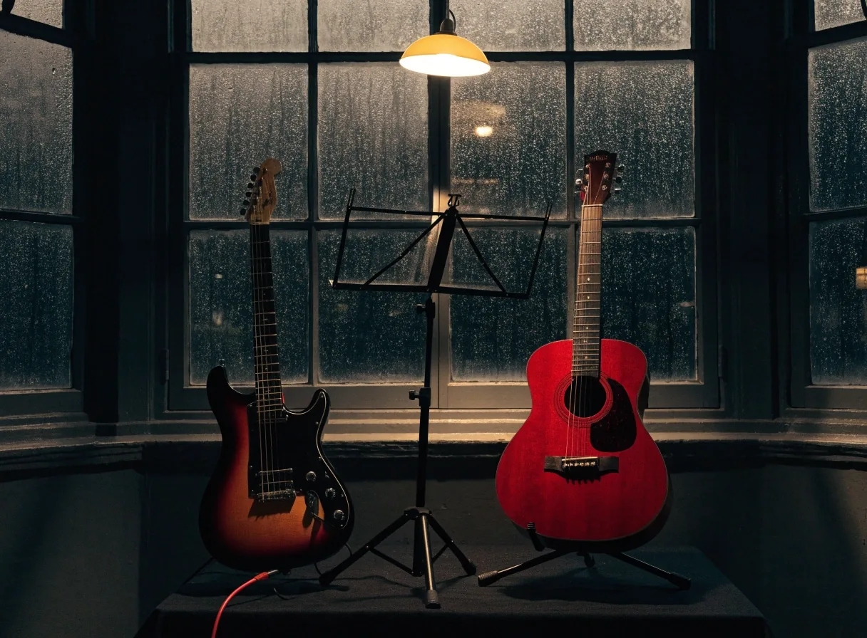 Small tuition room at night with guitars on stands under a single lamp