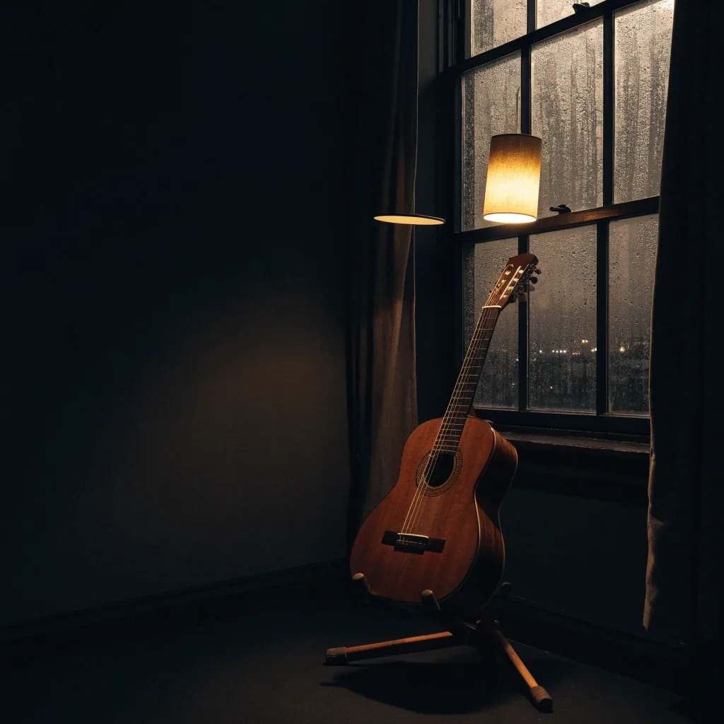 An empty central London guitar tuition room at night, a classical guitar under one warm lamp with rain on the window