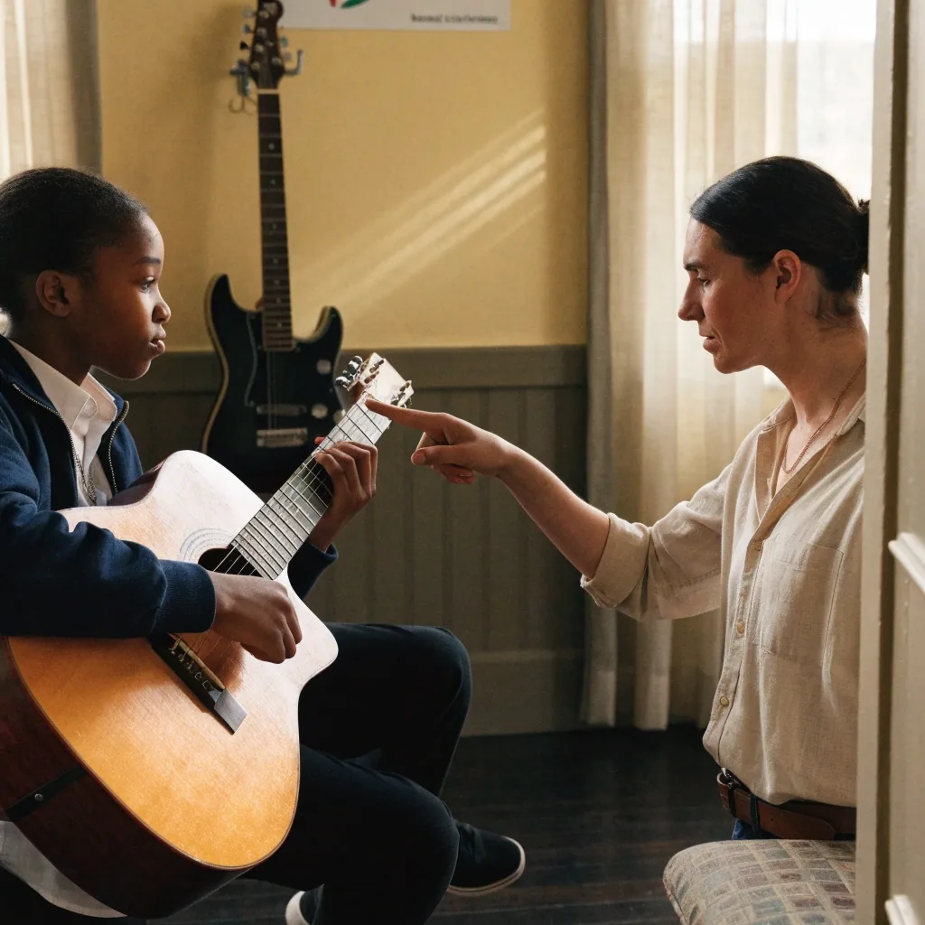 An adult and a young learner placing hands on an acoustic guitar in a low-lit central London tuition room
