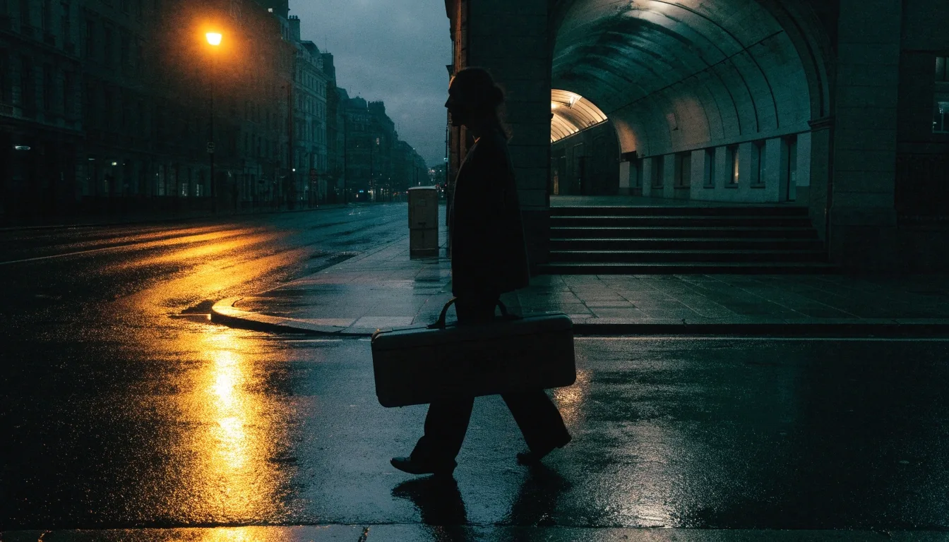 Wet central London pavement at dusk, with underground station light glowing softly on the far pavement