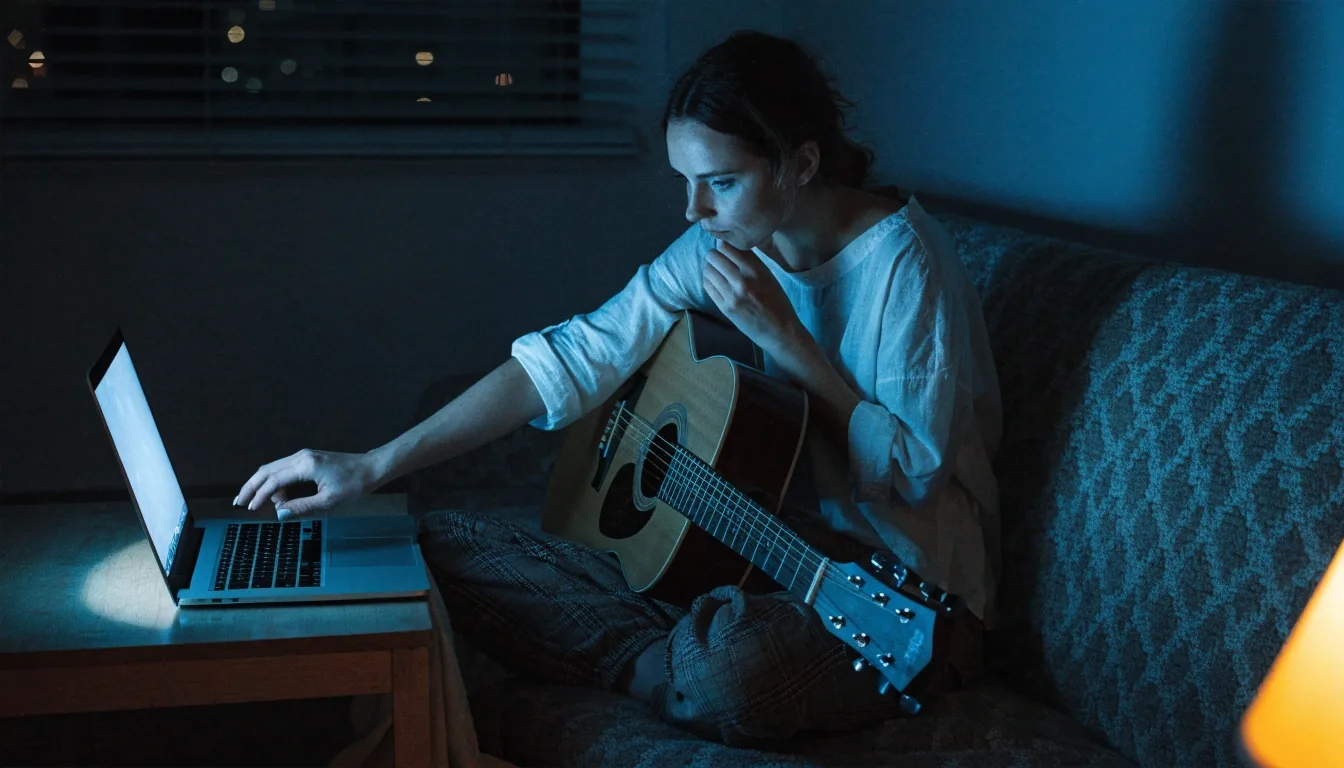 A student playing an acoustic guitar on camera during an online lesson in a dimly lit flat