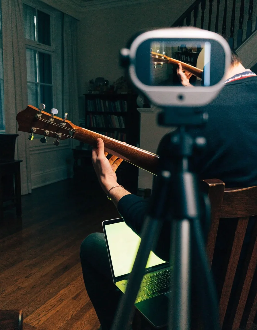 A close view of a hand on the guitar fretboard during an online lesson