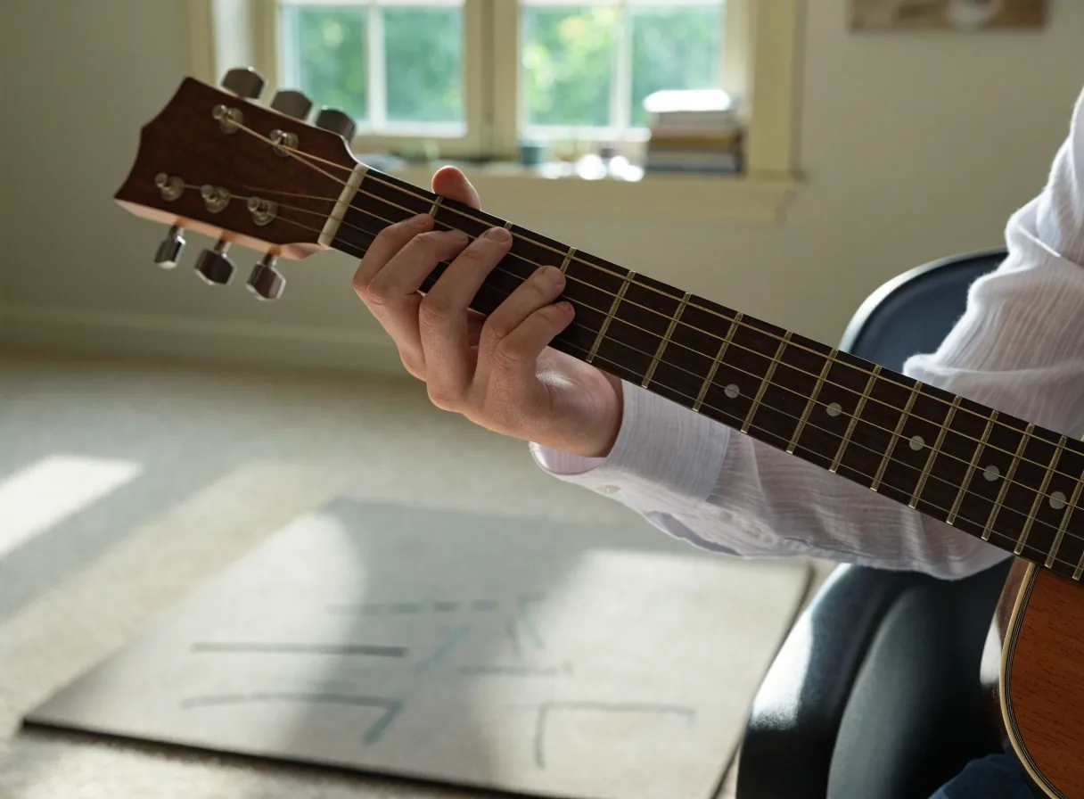 A beginner's hand on the neck of an acoustic guitar beside a practice pad