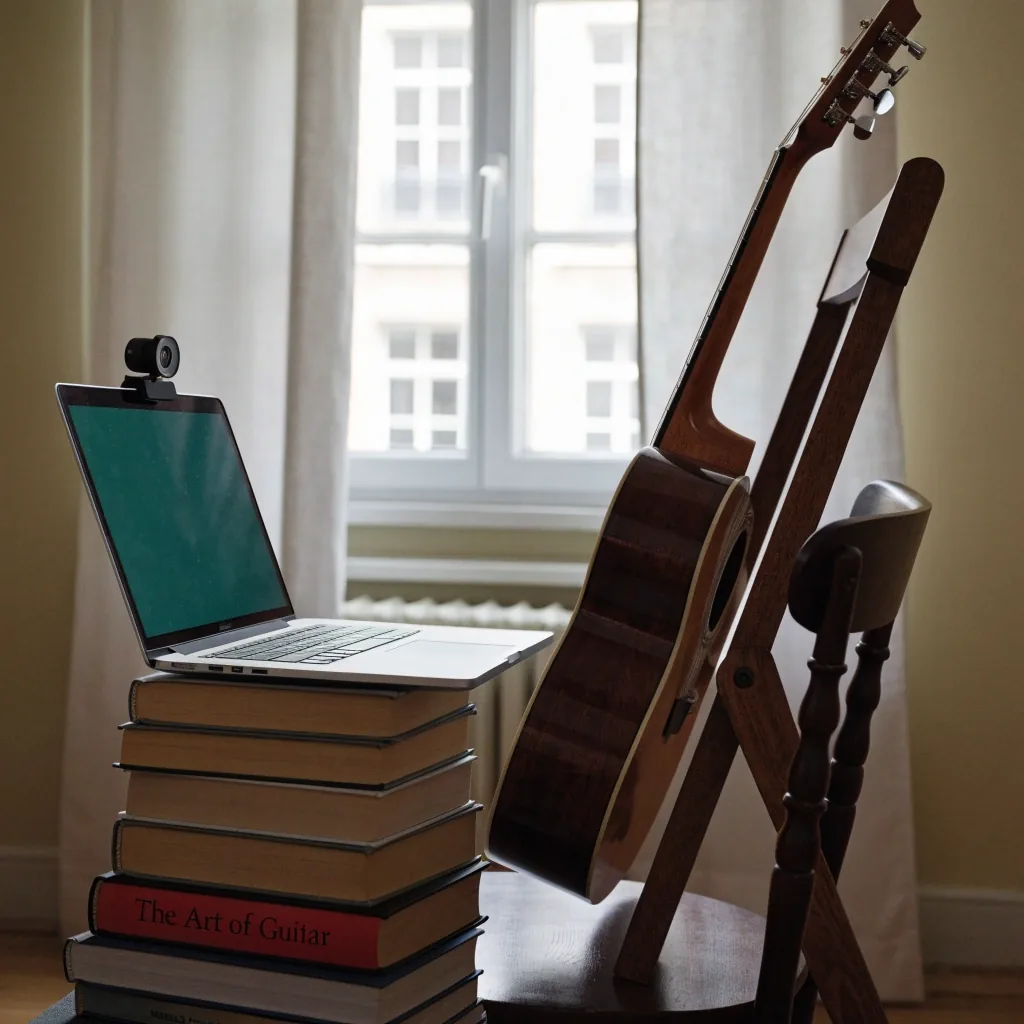 An evening practice room with a guitar leaning against a sofa and a lamp lit over a chair