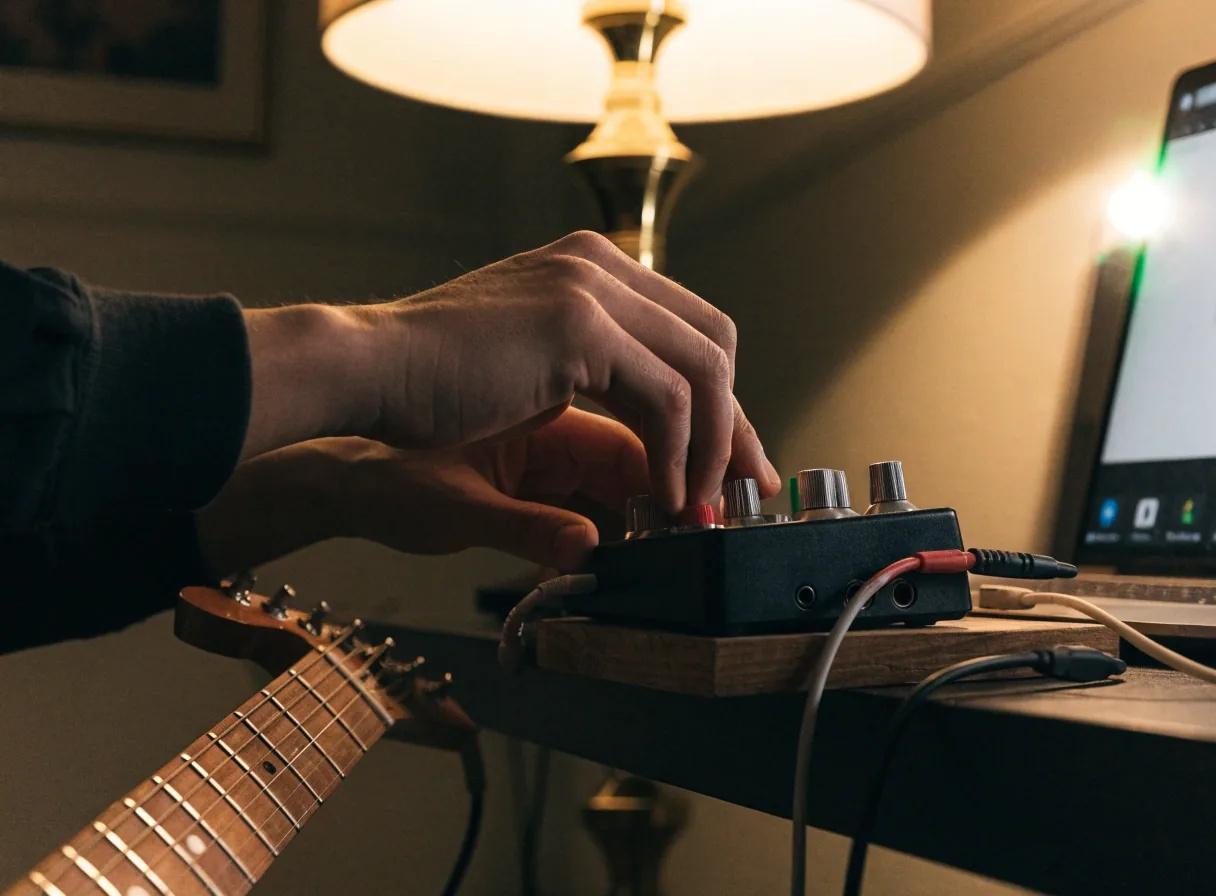 An electric guitar leaning on a chair in a dark studio room with a lamp lighting the headstock