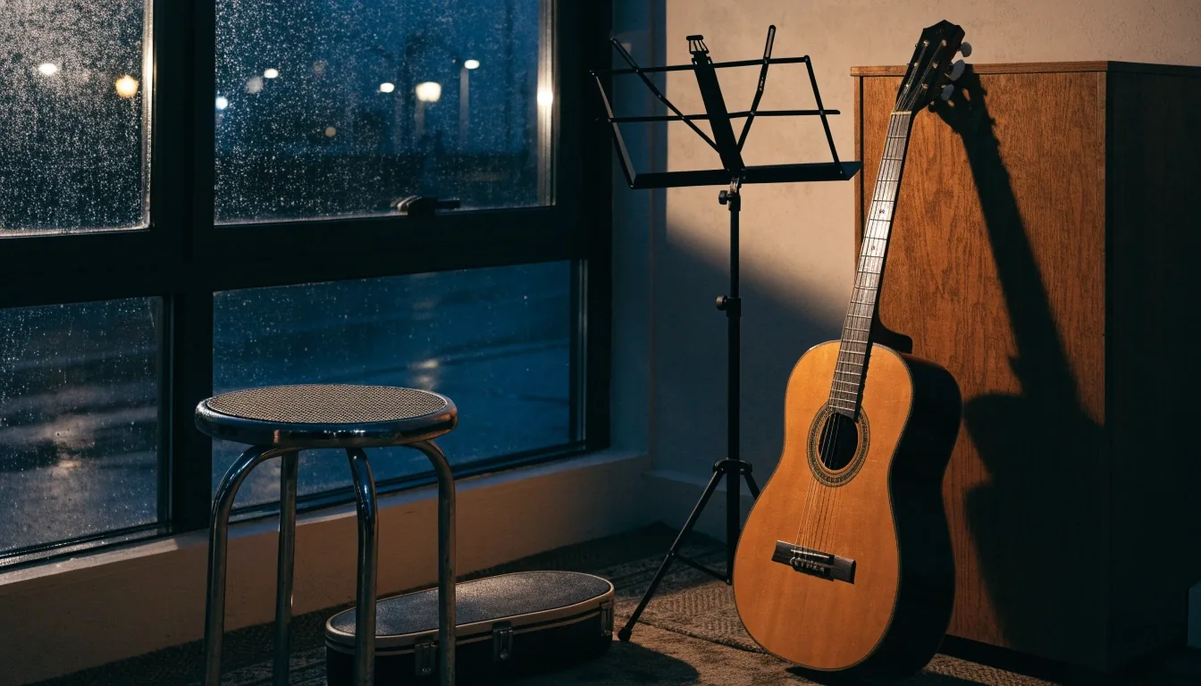 A guitar and music stand in a lamplit teaching studio with rain on the window