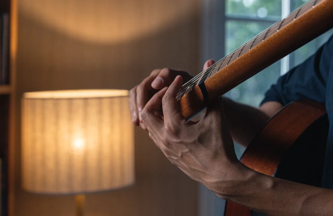 A hand resting a pen on ruled paper beside a classical guitar in a practice room